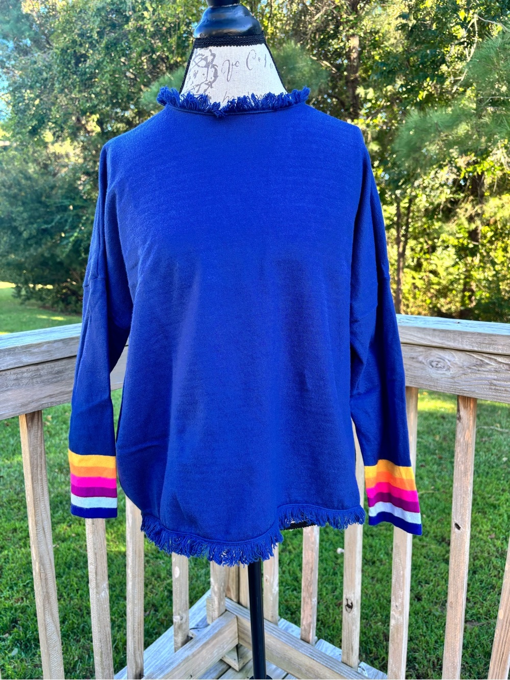 THML Fringe Hem Navy Women's Sweater with Rainbow Stripe Cuffs